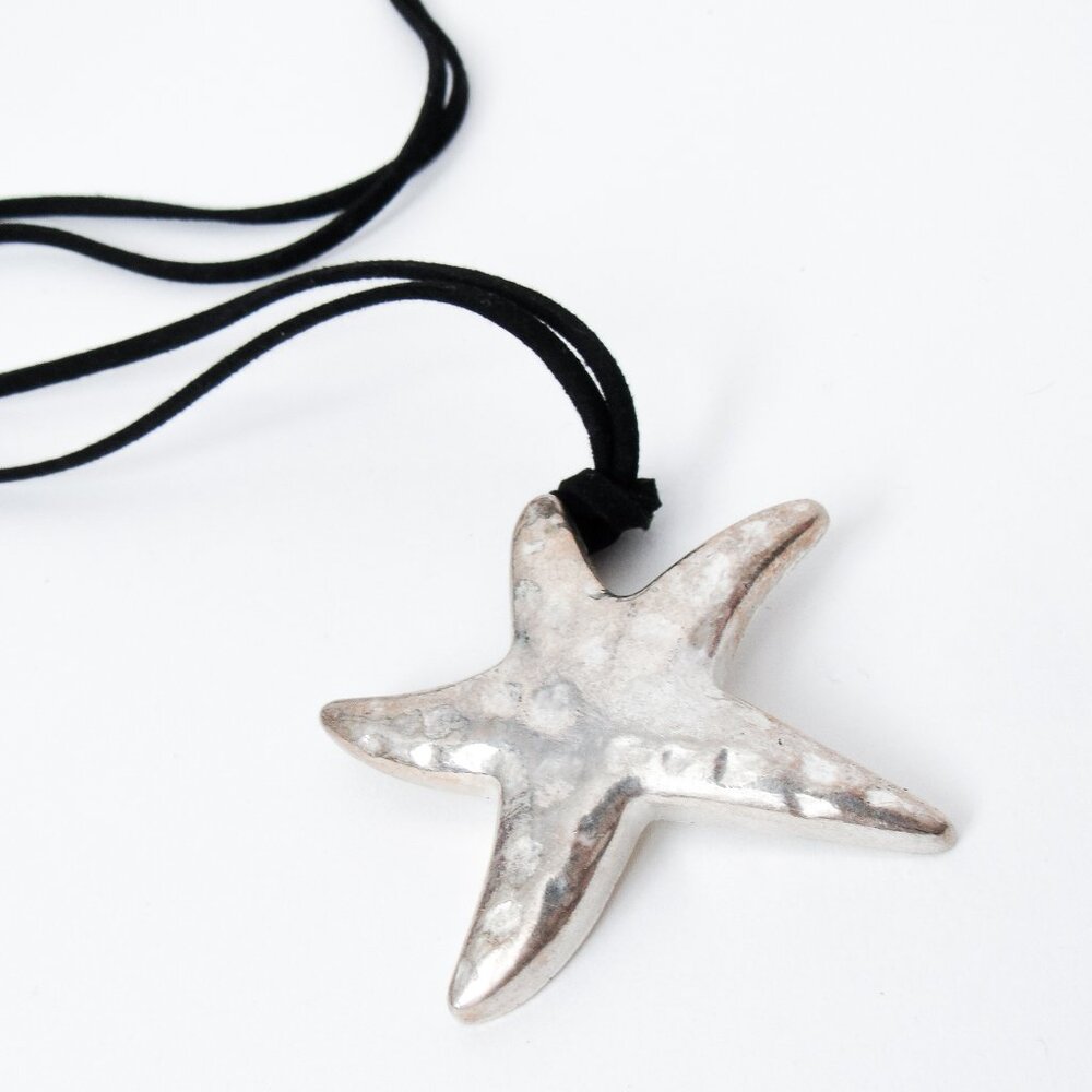 VINTAGE SILVER STAR METAL PENDANT NECKLACE Black Leather Lace Summer Jewelry - Picture 5 of 7